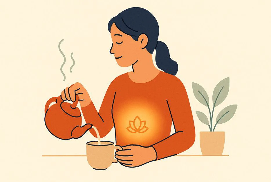 Person macht achtsam eine Tasse Tee, das orangefarbene Licht des Sakralchakras leuchtet sanft, symbolisiert bewusste Lebensführung.