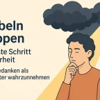 Ein Mensch denkt nach, dunkle Wolken symbolisieren negative Gedanken, denen Licht entgegenwirkt.