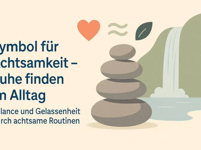 Symbolbild für innere Ruhe mit Zen-Steinen, Icons und Wasserfall