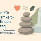 Symbolbild für innere Ruhe mit Zen-Steinen, Icons und Wasserfall