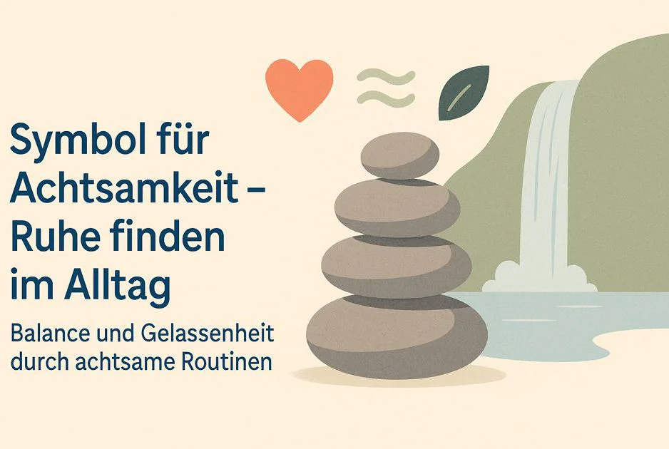 Symbolbild für innere Ruhe mit Zen-Steinen, Icons und Wasserfall