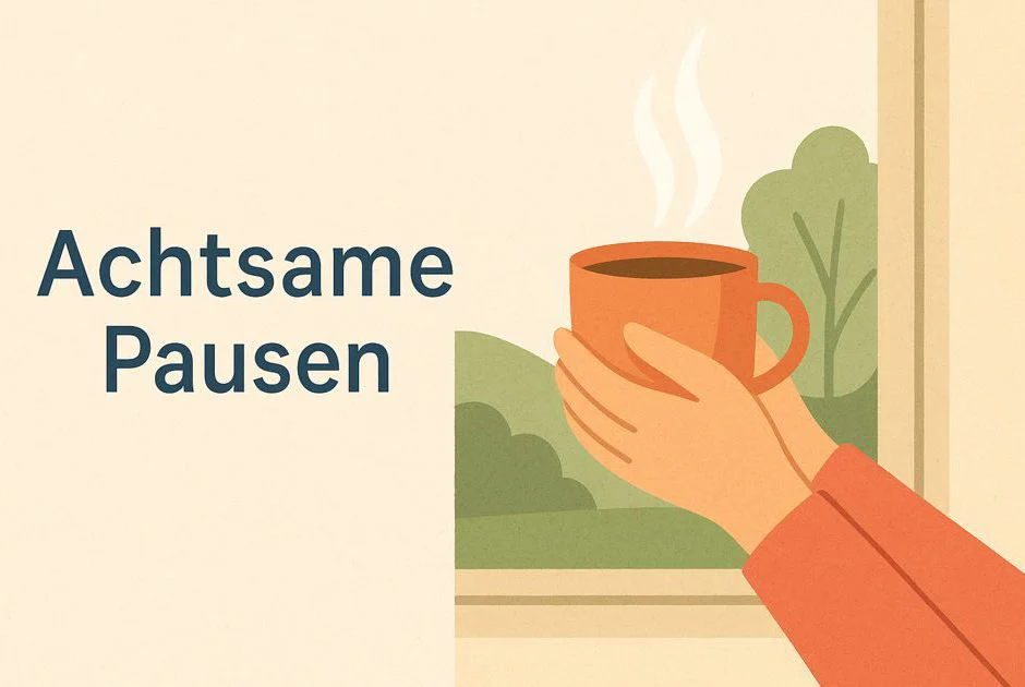 Hand hält Teetasse am Fenster als Symbol für achtsame Pause