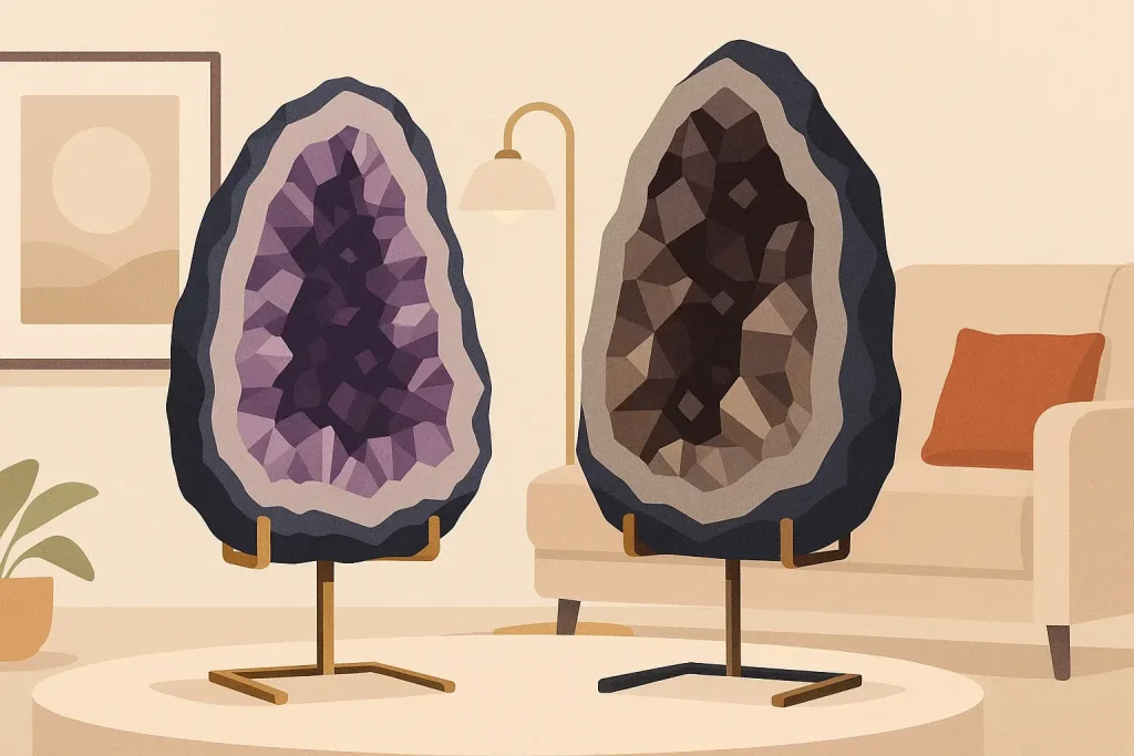 Große Amethyst- und Rauchquarz-Geoden auf Metallständern