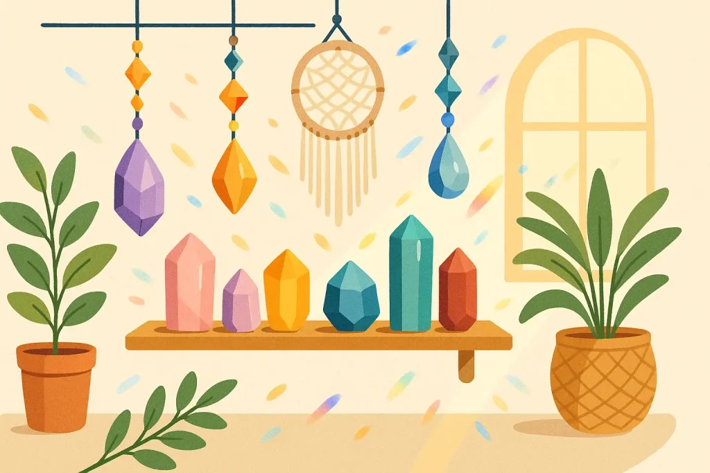 Bunte Kristallmischung und Prismen im Boho-Wohnstil