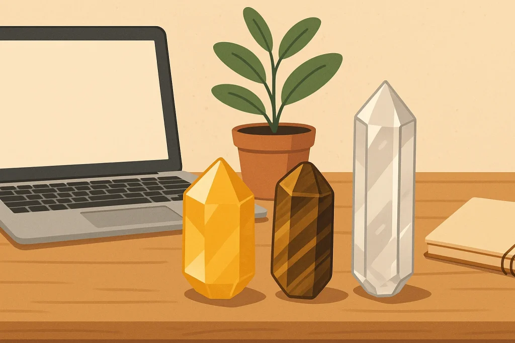 Citrin, Tigerauge und Bergkristall als Deko auf einem Schreibtisch