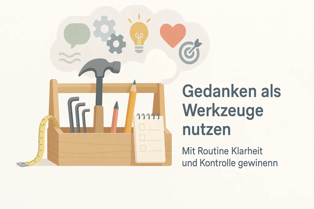 Verschiedene Werkzeuge, überlagert mit Gedanken-Symbolen, auf hellem Hintergrund