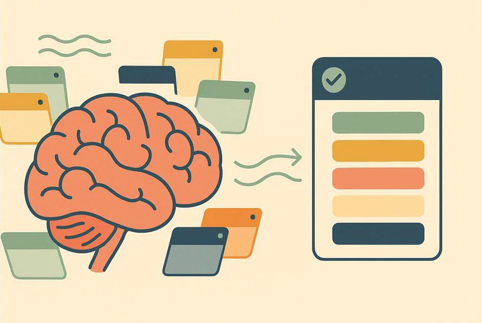 Illustration: Gehirn mit offenen Gedankentabs und Fokus durch Atemzählen