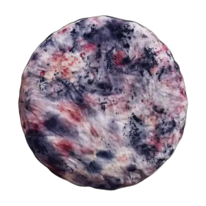 Round zafu meditation cushion in the violet colour of the crown chakra; vegan, plant-dyed cover, available with drawstring or zip closure – stable seat height for mindful sitting.