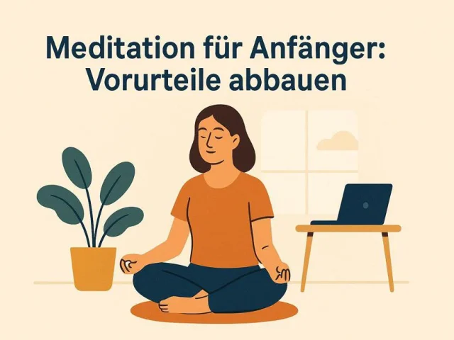 Person sitzt entspannt auf einem Kissen, die Augen geschlossen, in einer modernen, hellen Umgebung, symbolisiert den Einstieg in die Meditation ohne Klischees.