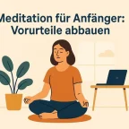 Person sitzt entspannt auf einem Kissen, die Augen geschlossen, in einer modernen, hellen Umgebung, symbolisiert den Einstieg in die Meditation ohne Klischees.