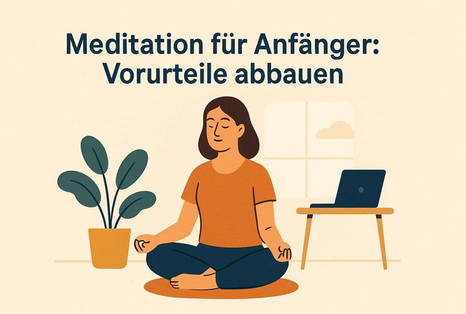 Person sitzt entspannt auf einem Kissen, die Augen geschlossen, in einer modernen, hellen Umgebung, symbolisiert den Einstieg in die Meditation ohne Klischees.