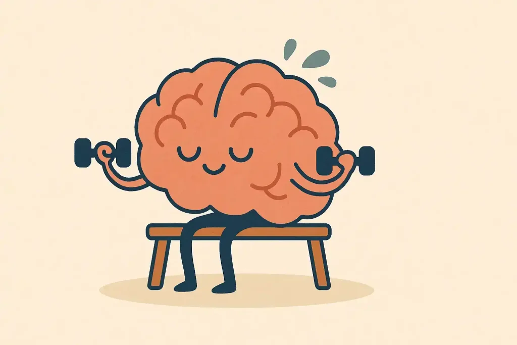 A stylized representation of a brain being trained with small muscles symbolizes meditation as mental training for beginners.