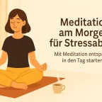 Frau sitzt entspannt am Morgen und meditiert, Licht fällt durchs Fenster