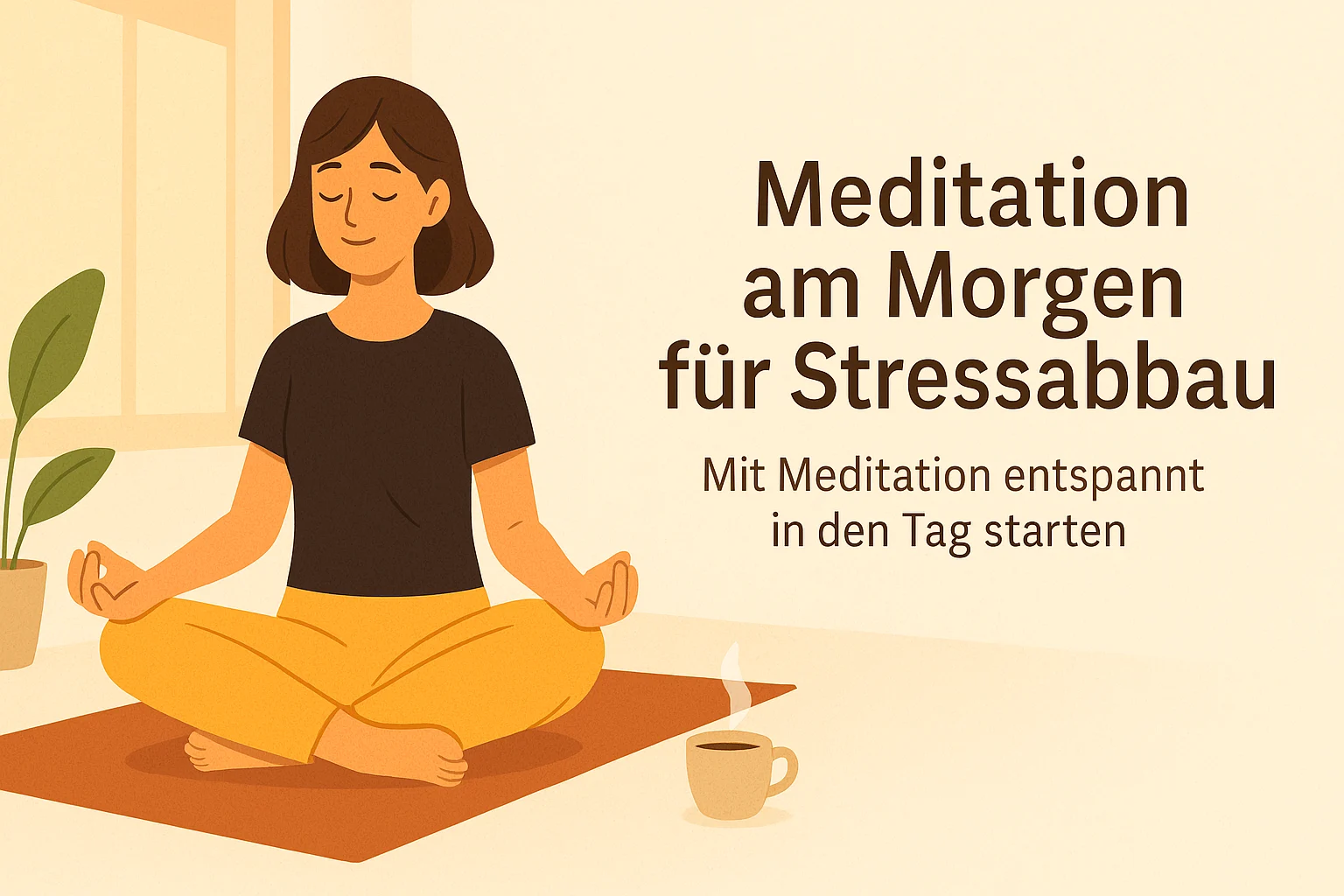 Frau sitzt entspannt am Morgen und meditiert, Licht fällt durchs Fenster