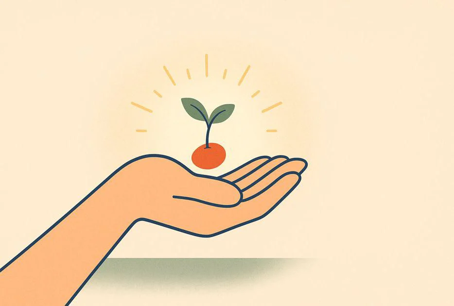 An open hand holding a small, glowing seed symbolizes the beginning of meditation practice and the growth of one's own mind.
