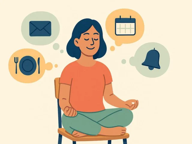 A person who meditates smiling while clouds of thoughts with everyday problems hover around them symbolises dealing with distractions and sticking to it.