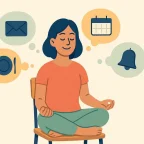 A person who meditates smiling while clouds of thoughts with everyday problems hover around them symbolises dealing with distractions and sticking to it.