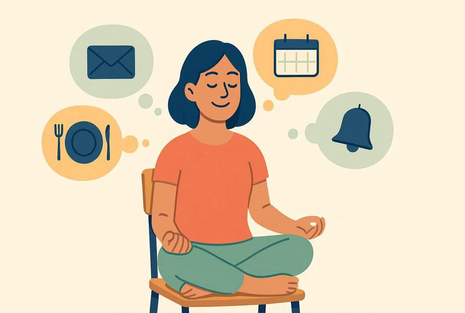 A person who meditates smiling while clouds of thoughts with everyday problems hover around them symbolises dealing with distractions and sticking to it.