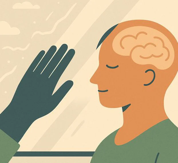 A hand metaphorically wipes fog from a glass pane, behind which a clear, calm mind becomes visible, symbolizing the dissolution of prejudices against meditation.