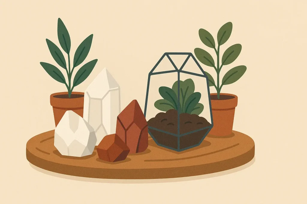 Rohe Kristalle kombiniert mit Pflanzen und Holz für Naturdeko