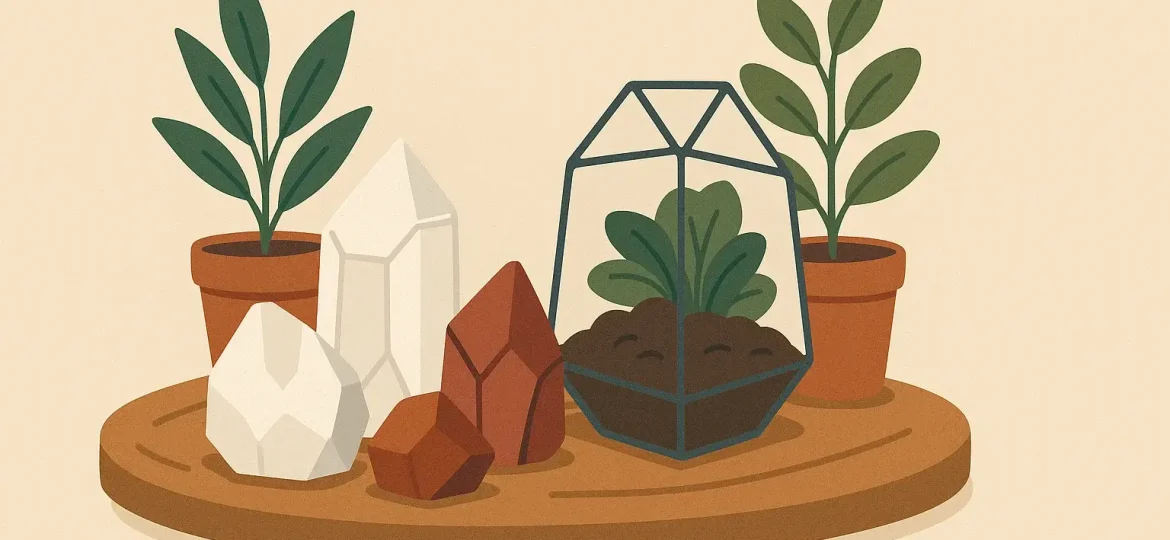Rohe Kristalle kombiniert mit Pflanzen und Holz für Naturdeko
