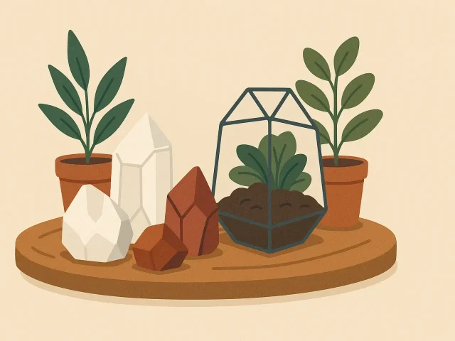 Rohe Kristalle kombiniert mit Pflanzen und Holz für Naturdeko