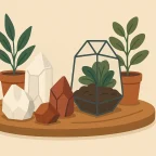 Rohe Kristalle kombiniert mit Pflanzen und Holz für Naturdeko