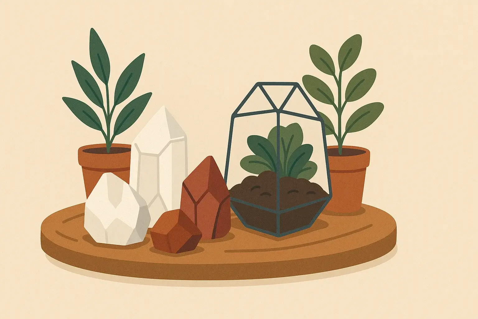 Rohe Kristalle kombiniert mit Pflanzen und Holz für Naturdeko