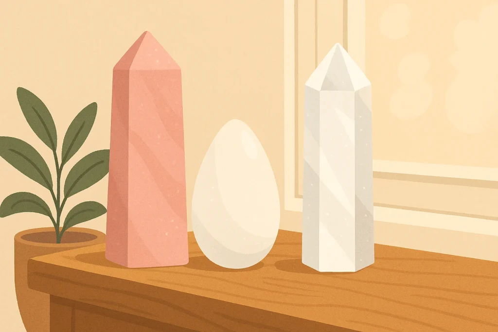 Kombination aus Rosenquarz, Mondstein und Bergkristall für Harmonie