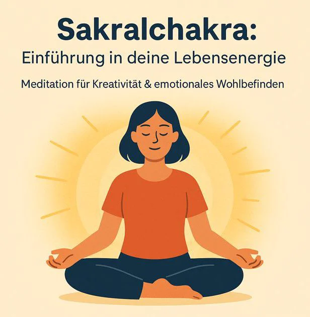 Frau meditiert friedlich im Schneidersitz, umgeben von warmem Licht, das Lebensenergie symbolisiert.