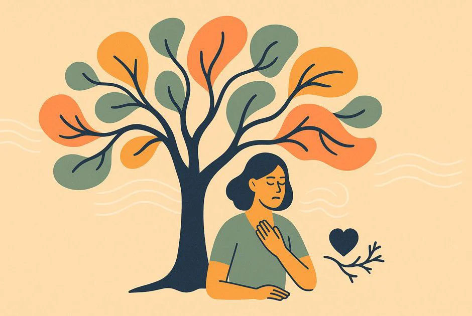 Metapher eines stabilen Baumes mit flexiblen Ästen, symbolisiert die ideale Haltung in der Meditation.