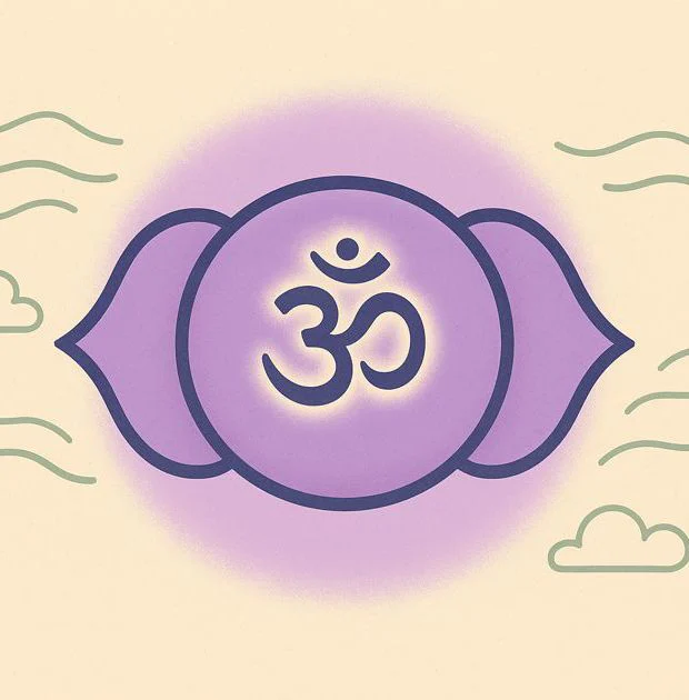 Symbol des Ajna-Chakras mit Lotosblüte und AUM-Zeichen, umgeben von klaren Gedanken