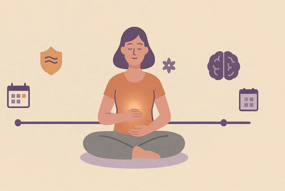 Zeitstrahl mit Phasen der Meditationspraxis (3 Monate, 1 Jahr, 3 Jahre+), symbolisiert nachhaltige Veränderung