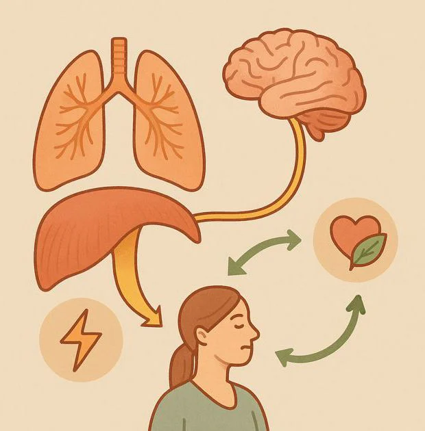 Illustration of the connection between the diaphragm (breathing) and the vagus nerve (nervous system).