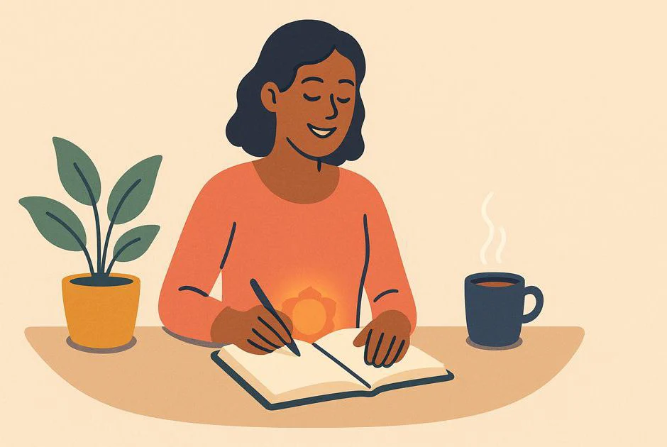 Person feels energetic and calm, notes progress in a journal