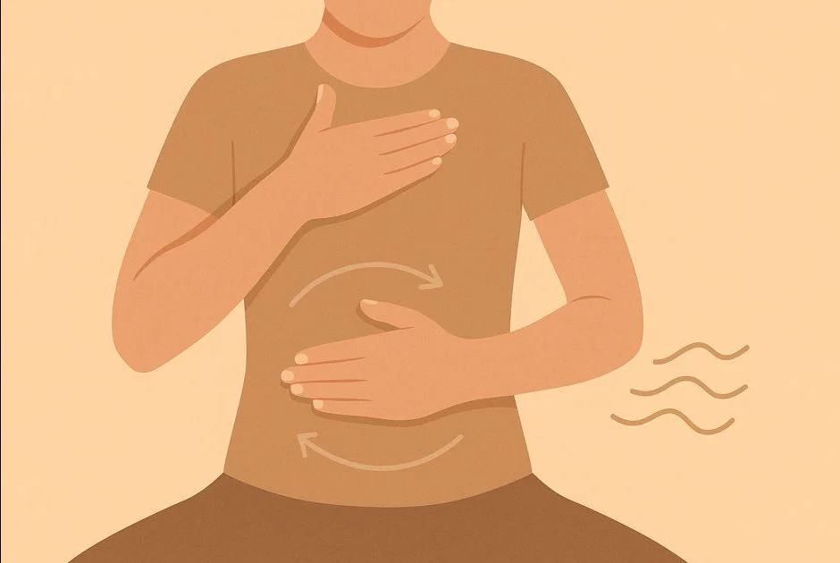 Two hands on the abdomen and chest to demonstrate correct diaphragmatic breathing.