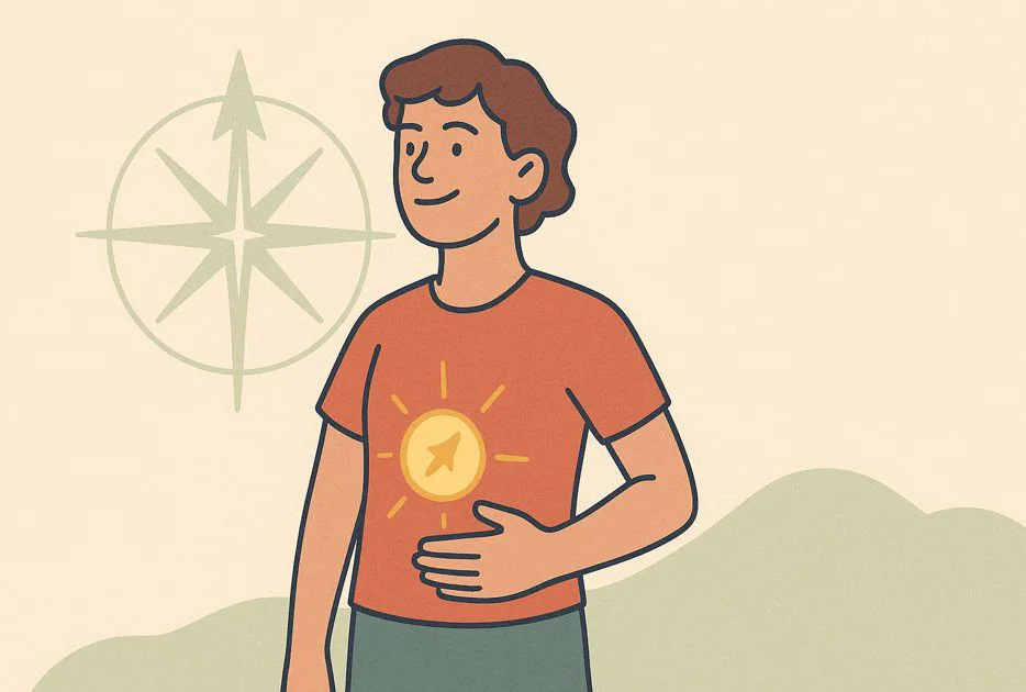 Person folgt ihrem Bauchgefühl, strahlt Selbstvertrauen aus, symbolisiert innere Führung