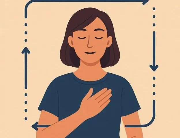 Visualisierung der Box-Atmung mit einem viereckigen Atemzyklus 4-4-4-4 und einem ruhigen Menschen beim Atmen.