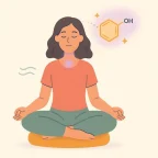 Frau meditiert ruhig auf einem Kissen, während im Hintergrund ein leuchtendes Dopamin-Molekül den Kopf verlässt und eine Belohnung darstellt.