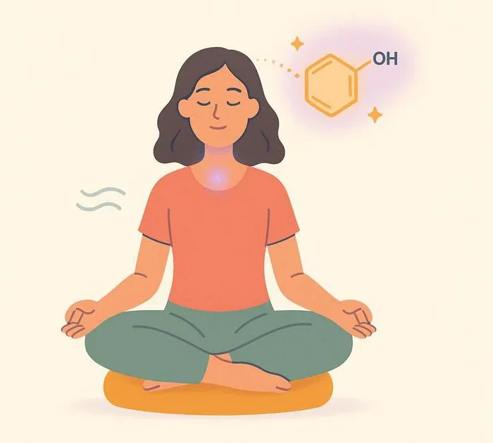 Frau meditiert ruhig auf einem Kissen, während im Hintergrund ein leuchtendes Dopamin-Molekül den Kopf verlässt und eine Belohnung darstellt.