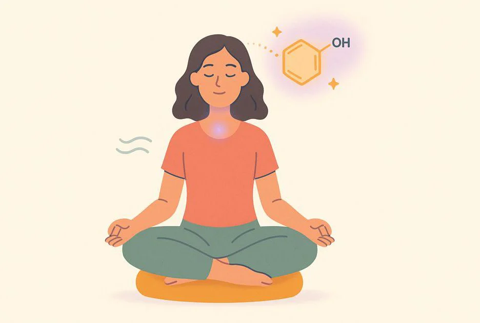 Frau meditiert ruhig auf einem Kissen, während im Hintergrund ein leuchtendes Dopamin-Molekül den Kopf verlässt und eine Belohnung darstellt.