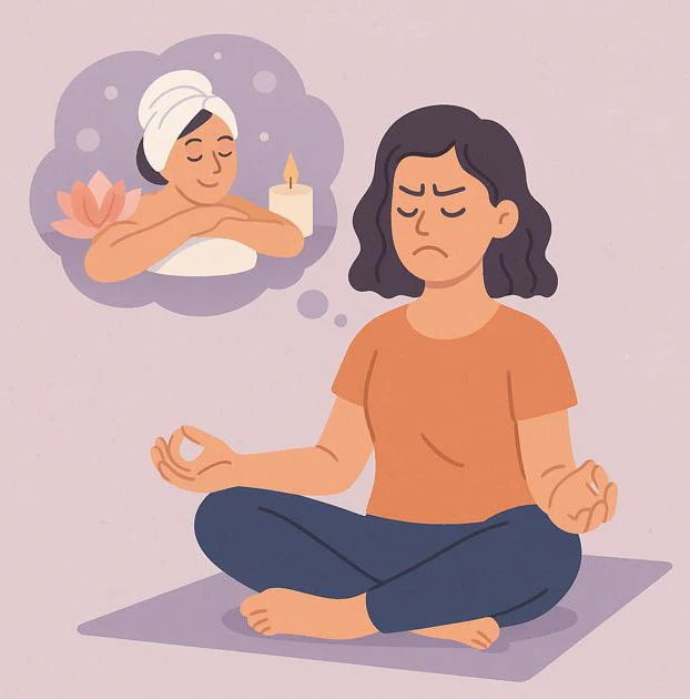 Person is sitting and appears frustrated/impatient; contrast to an exaggerated expectation of relaxation (wellness).