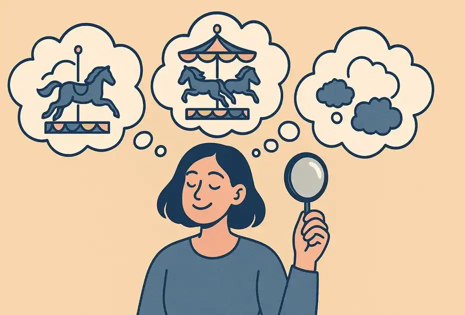 Thought bubbles or a carousel that is observed rather than stopped; calm and smiling.