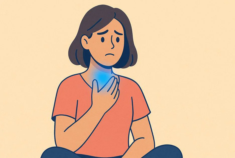 Person holds their throat, symbolising a lump in the throat and difficulty speaking