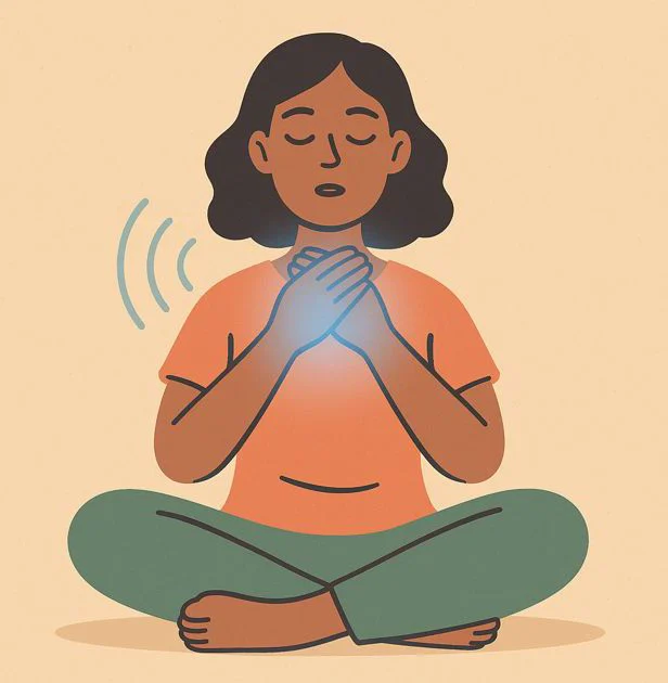 Person practising HAM tones, hands on throat, feeling vibration, symbolising voice strengthening