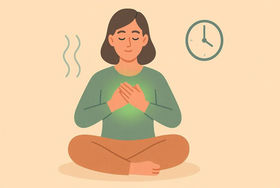 Person performs 3-minute heart-breath meditation, hands on chest, focus on breath