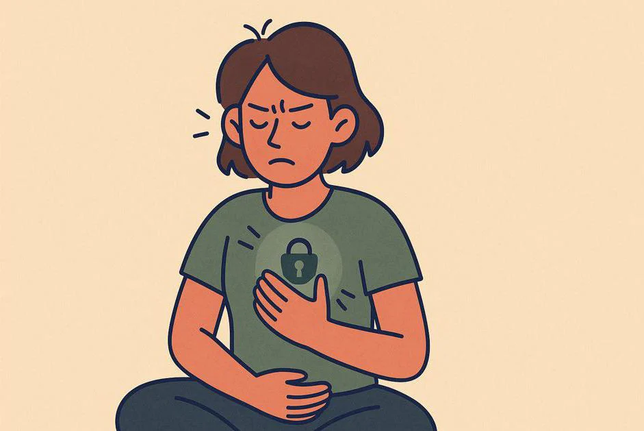 Person with tension in the chest, symbolizing stress and a closed heart chakra