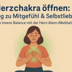 Woman meditating with hands on chest, surrounded by green light, symbolizing open heart chakra and compassion