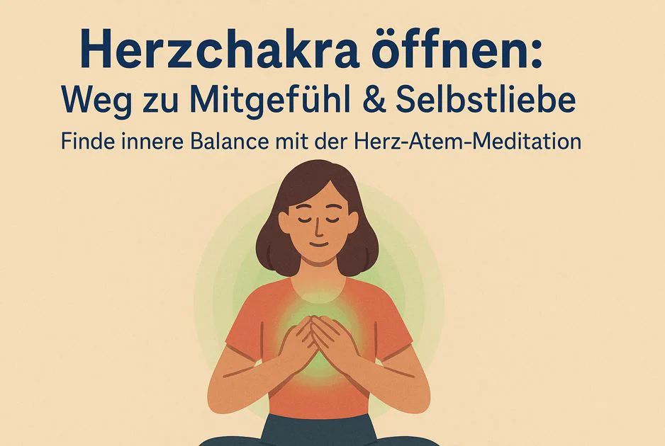 Woman meditating with hands on chest, surrounded by green light, symbolizing open heart chakra and compassion