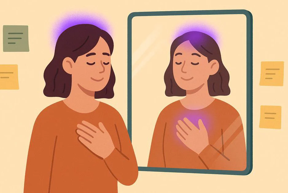 Person pronounces affirmations, surrounded by a sense of connection, with notes on a mirror